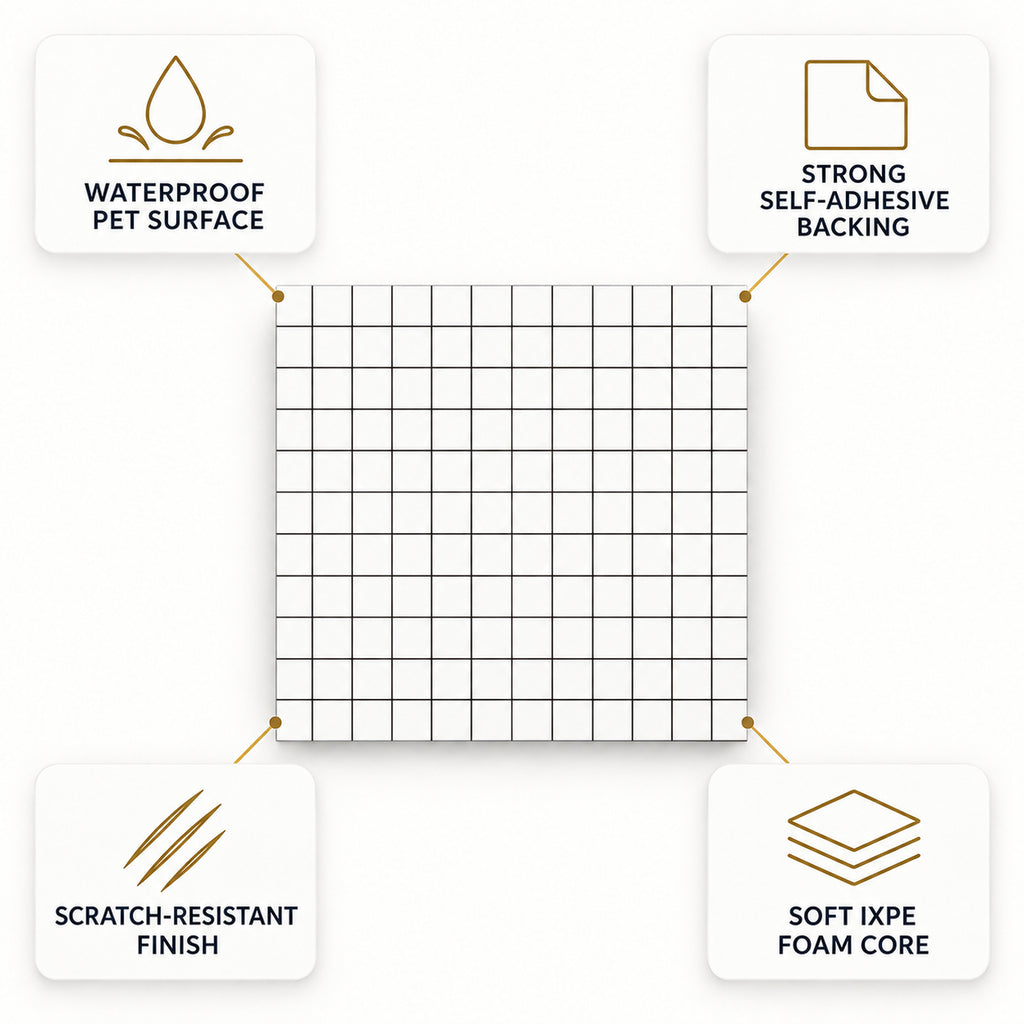 SOGA Peel & Stick Floor and Wall Tiles 60 x 60cm 10 Pack White Grid Tile Look
