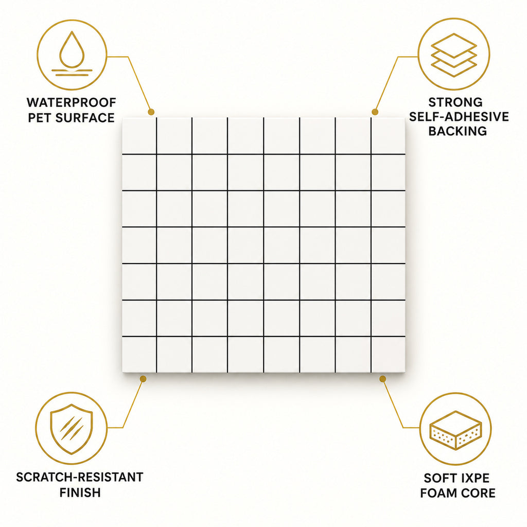 SOGA Peel & Stick Floor and Wall Tiles 30 x 30cm 10 Pack White Grid Tile Look