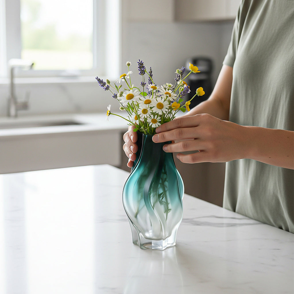 SOGA 27cm Glass Vase Blue with Beautiful glass Bubble Texture Art Vases