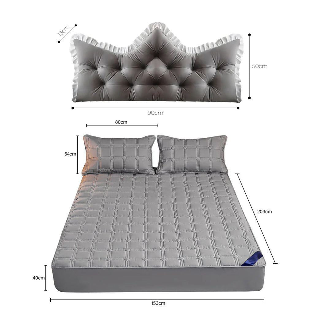 SOGA Home & Living Bundle – Grey Crown Tufted Pillow & Quilted Mattress Cover Set