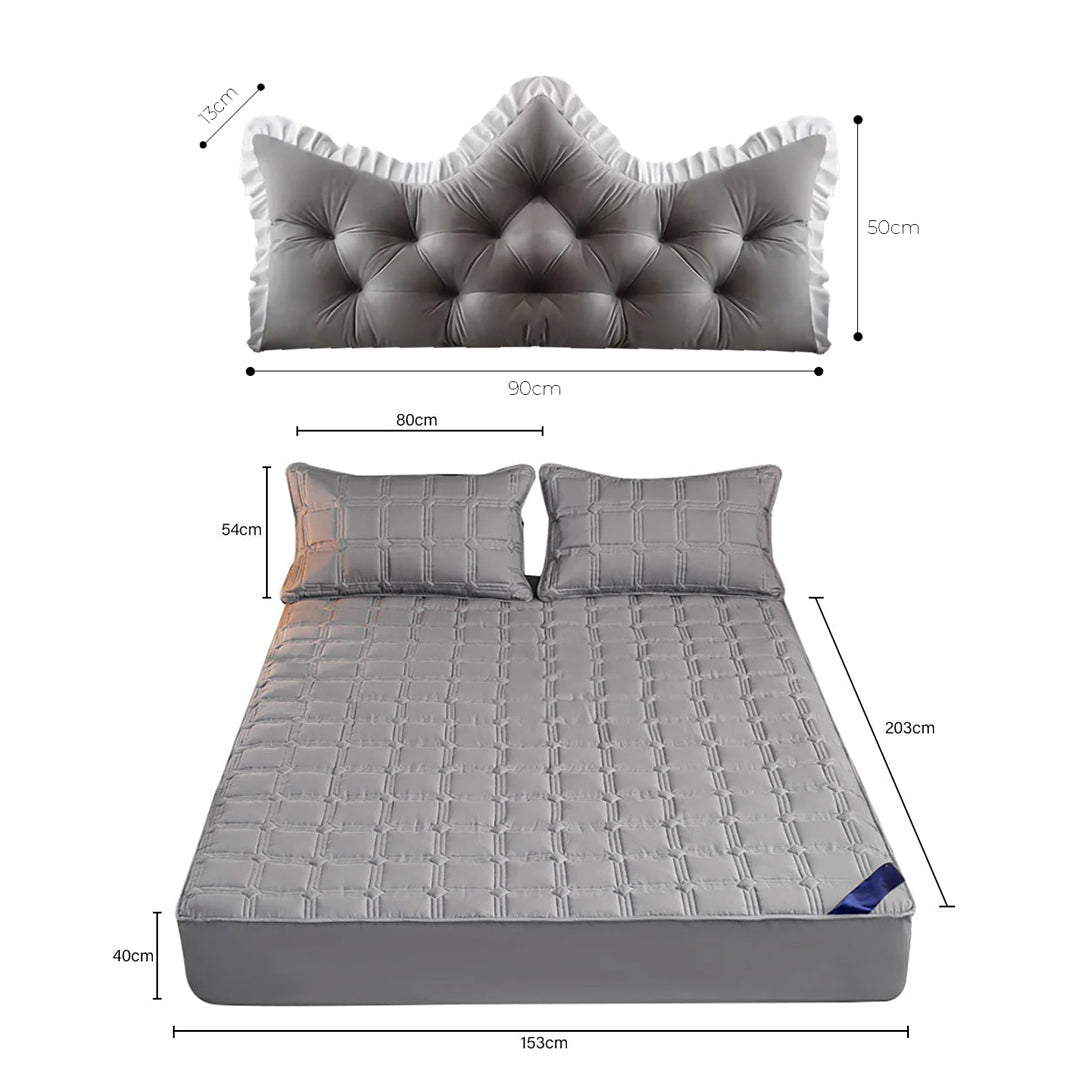 SOGA Home & Living Bundle – Grey Crown Tufted Pillow & Quilted Mattress Cover Set