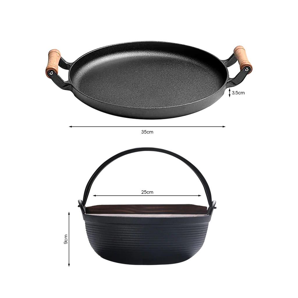SOGA Kitchenware Bundle – Cast Iron Sukiyaki Hot Pot & Frying Pan Skillet with Wooden Handle
