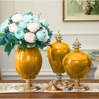 SOGA 3x Ceramic Oval Flower Vase with White Flower Set Yellow