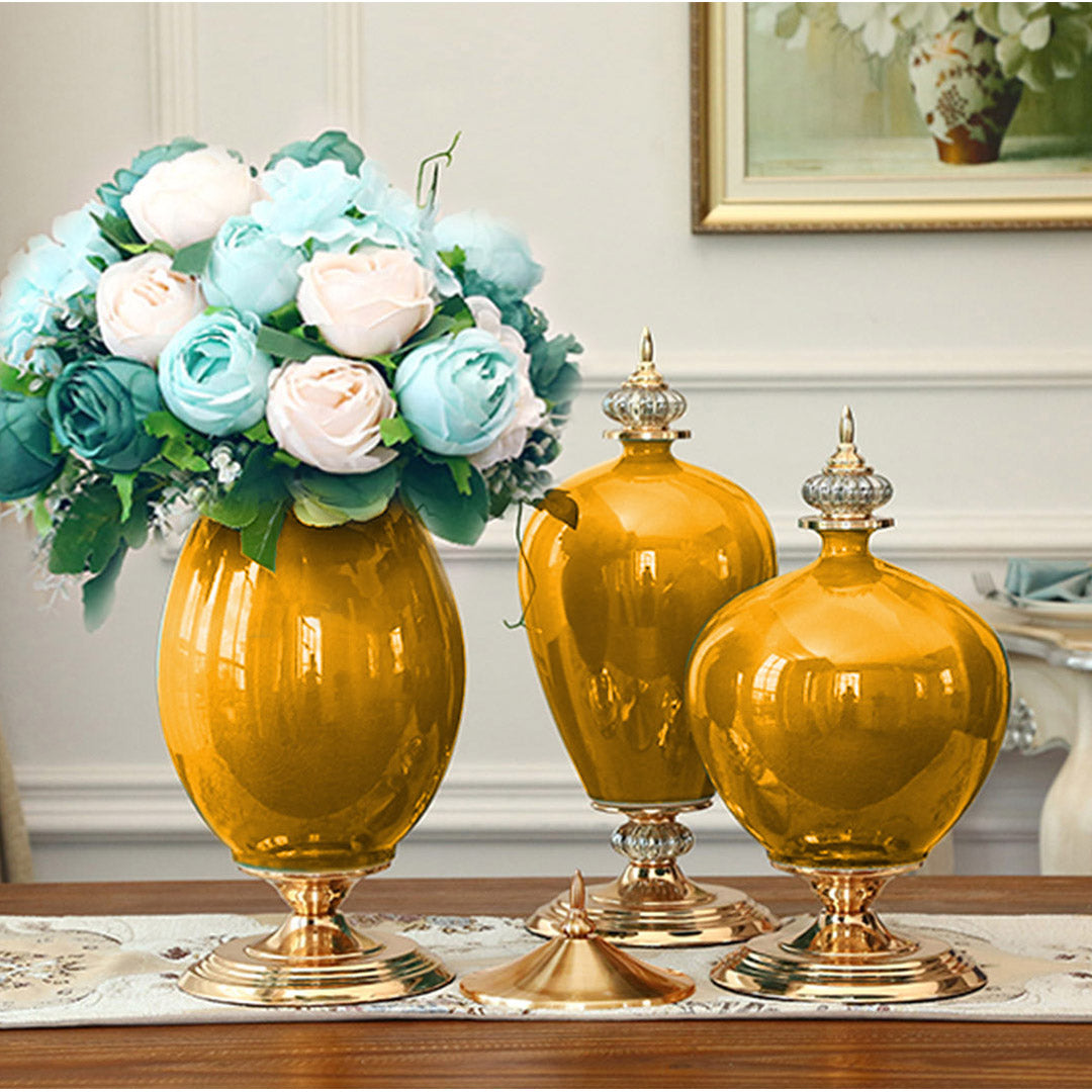 SOGA 3x Ceramic Oval Flower Vase with White Flower Set Yellow