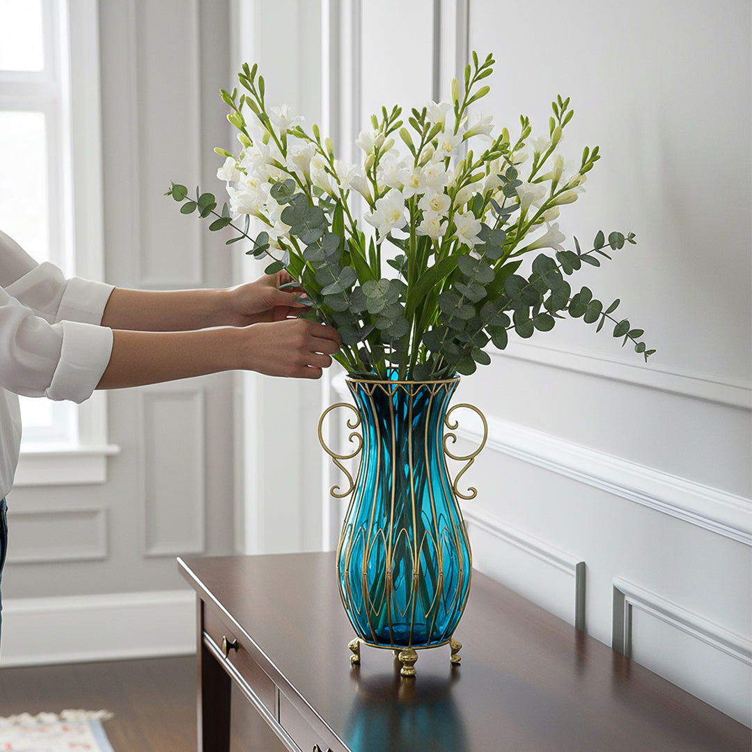 SOGA 51cm Blue Glass Oval Floor Vase with Metal Flower Stand