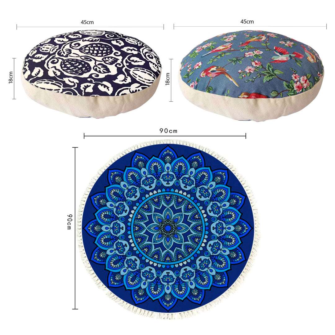 SOGA Home & Living Bundle – Polyester-Cotton Pillows & Blue Mandala Round Carpet Decor $ 138