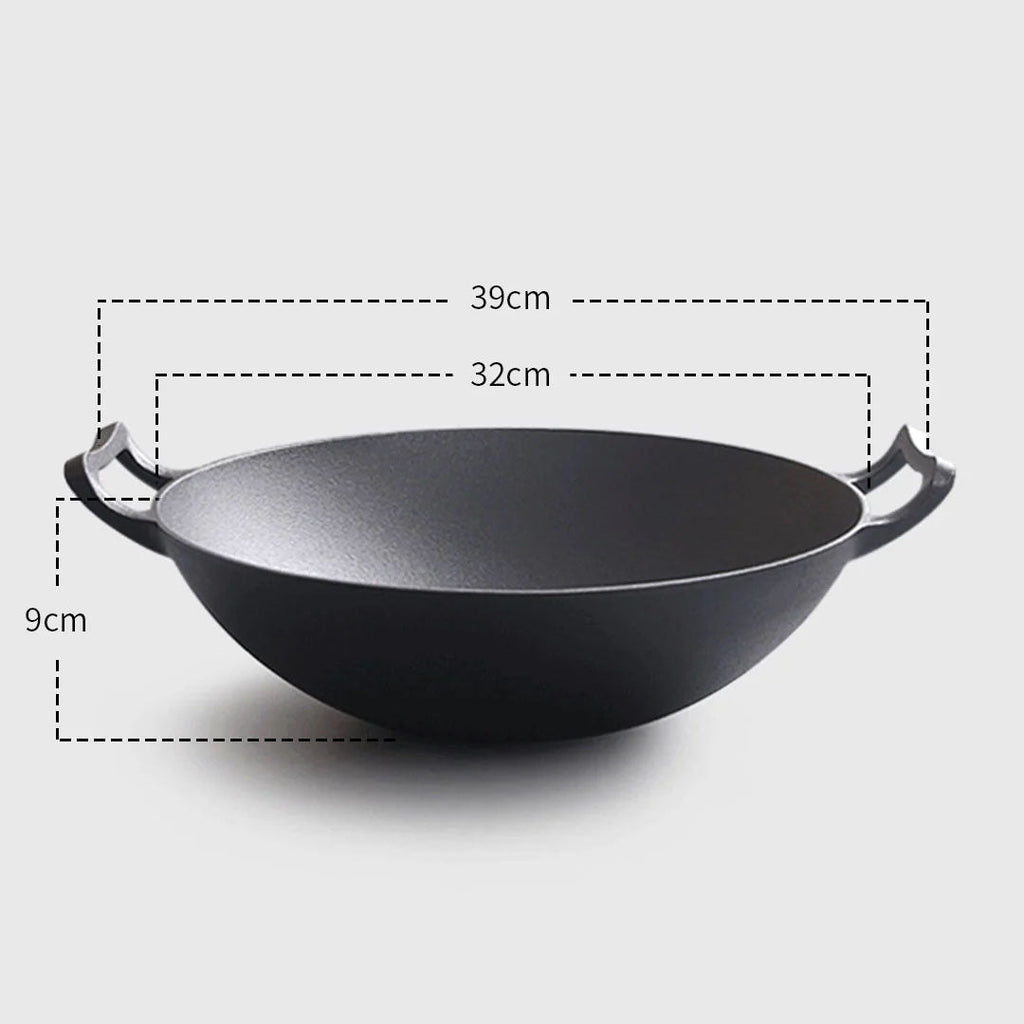 SOGA 2X 32cm Commercial Cast Iron Wok FryPan with Wooden Lid Fry Pan