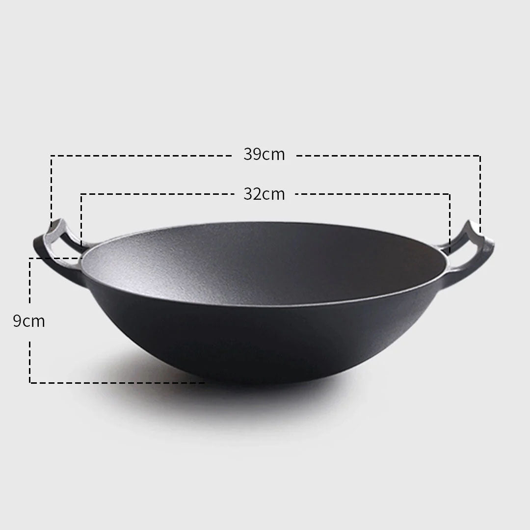 SOGA 2X 32cm Commercial Cast Iron Wok FryPan with Wooden Lid Fry Pan