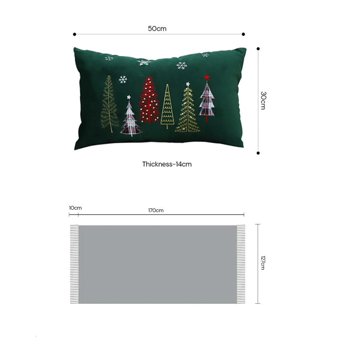 SOGA Christmas Bundle – 2 Dark Green Christmas Forest Lumbar Pillow & Teal Knitted Throw Blanket $ 162