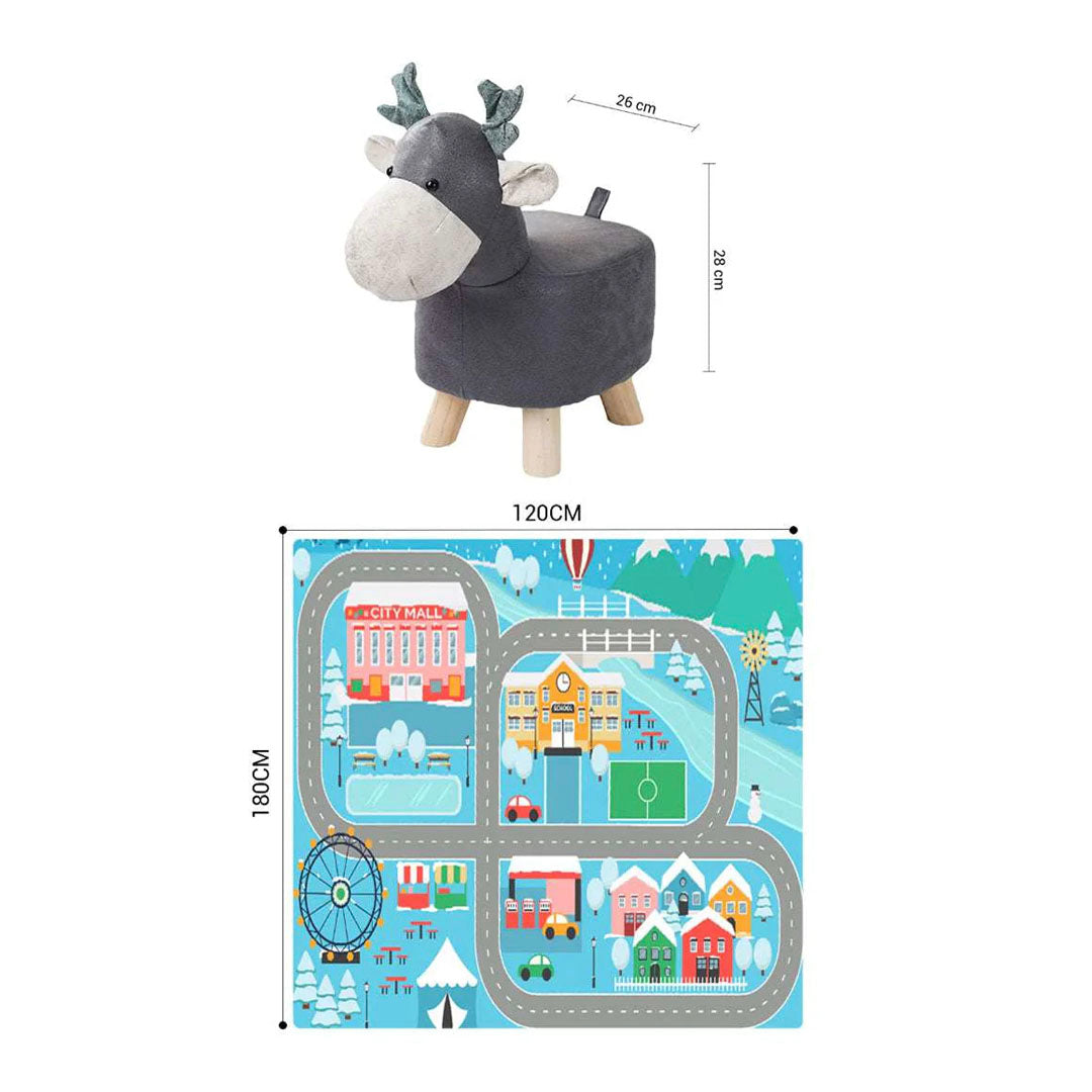 SOGA Home & Living Bundle – 2 Grey Deer Character Children's Ottoman & Kids Street Map Rug