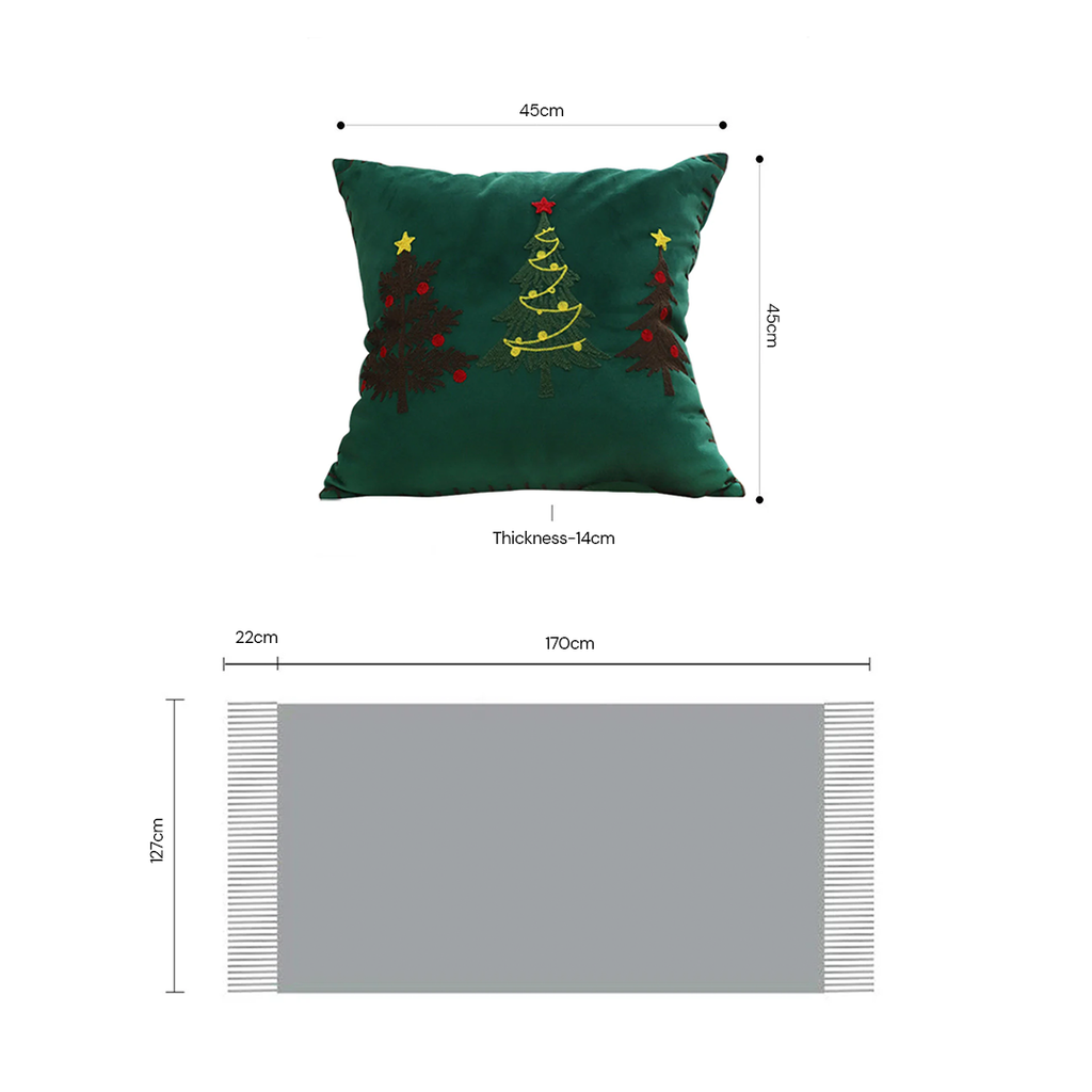 SOGA Christmas Bundle – 2 Green Embroidered Christmas Tree Pillow & Tassel Fringe Knitted Blanket $ 206