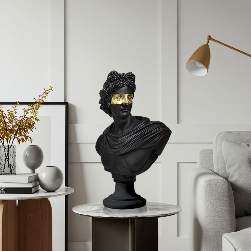 SOGA 40cm Black Classical Bust Resin Sculpture with Gold Eye Mask