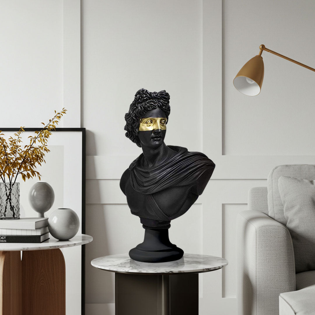 SOGA 40cm Black Classical Bust Resin Sculpture with Gold Eye Mask