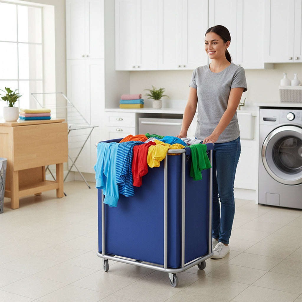 SOGA Stainless Steel Commercial Square Soiled Linen Laundry Trolley Cart with Wheels Blue