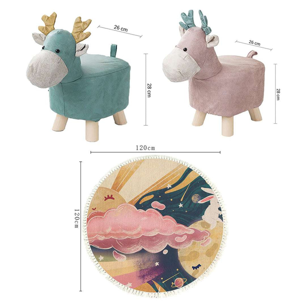 SOGA Home & Living Bundle – Pink & Green Deer Children’s Ottomans & Sky Clouds Round Rug $ 134
