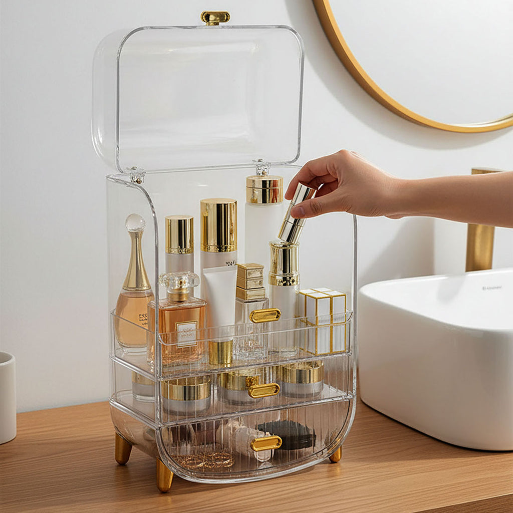 SOGA 3 Tier Transparent Multifunctional Countertop Cosmetic Storage Makeup Perfume Skincare Display Stand Shelf Drawer Type Organiser