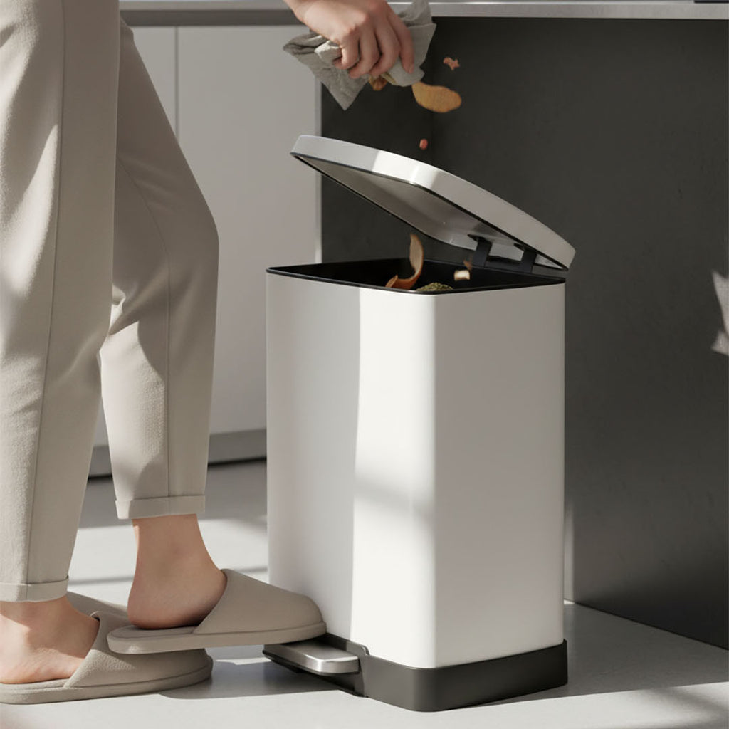 SOGA Foot Pedal Stainless Steel Rubbish Recycling Garbage Waste Trash Bin Rectangular Shape 12L White