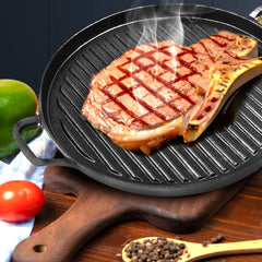 SOGA 2X 30cm Ribbed Cast Iron Frying Pan Skillet Steak Sizzle Platter