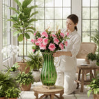 SOGA 51cm Green Glass Tall Floor Vase with 12pcs Pink Artificial Fake Flower Set