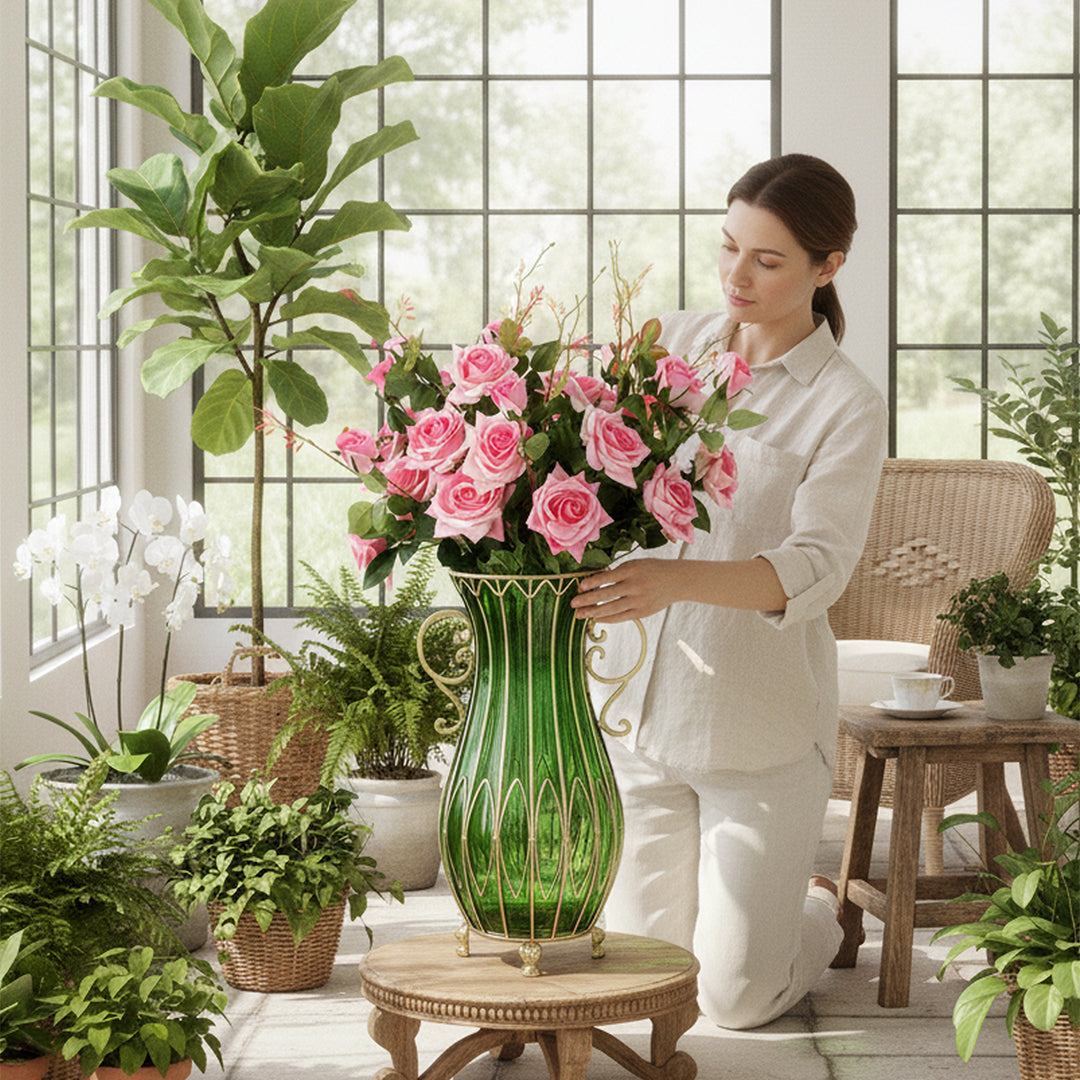 SOGA 51cm Green Glass Tall Floor Vase with 12pcs Pink Artificial Fake Flower Set