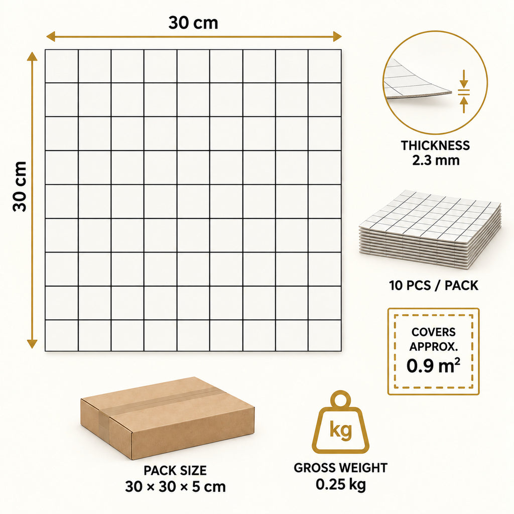 SOGA Peel & Stick Floor and Wall Tiles 30 x 30cm 10 Pack White Grid Tile Look