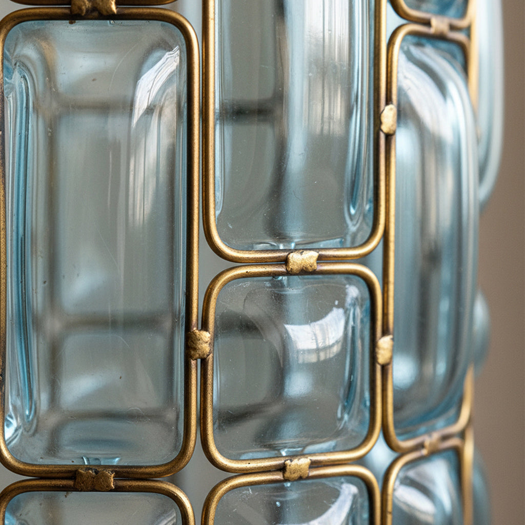 SOGA Blue Colored European Glass Cylinder Flower Vase with Gold Metal Pattern
