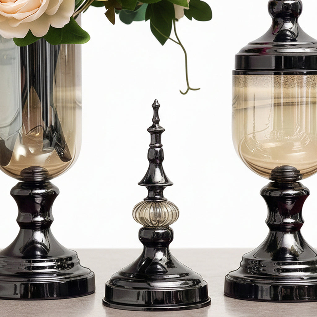 SOGA 2 x Clear Glass Flower Vase with Lid and White Flower Filler Vase Black Set