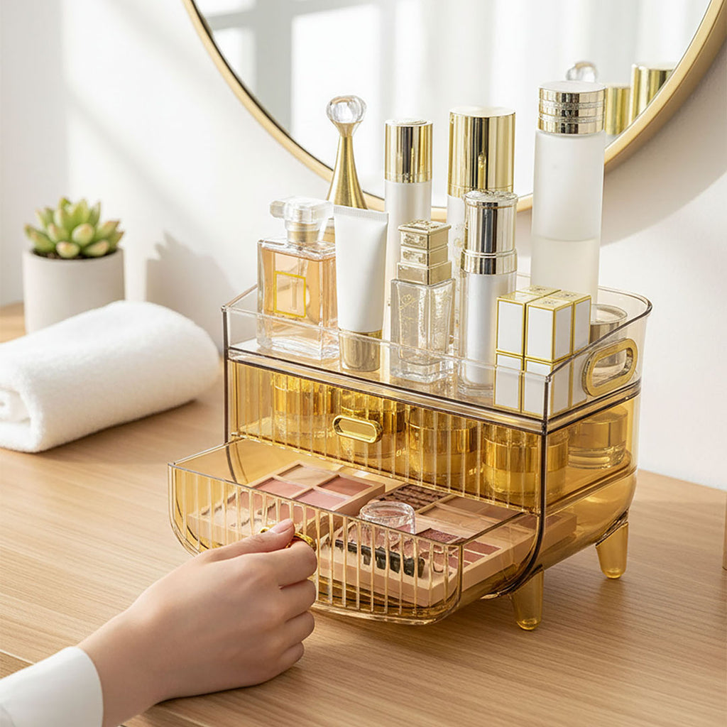 SOGA 3 Tier Golden Yellow Multifunctional Countertop Cosmetic Storage Makeup Skincare Holder Jewelry Cabinet Bathroom Desk Drawer Vanity Organiser