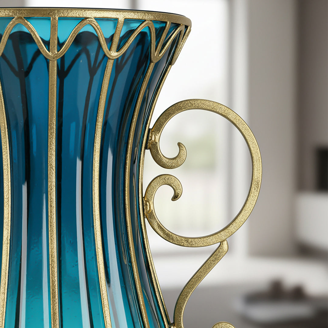 SOGA 51cm Blue Glass Tall Floor Vase with 12pcs Pink Artificial Fake Flower Set