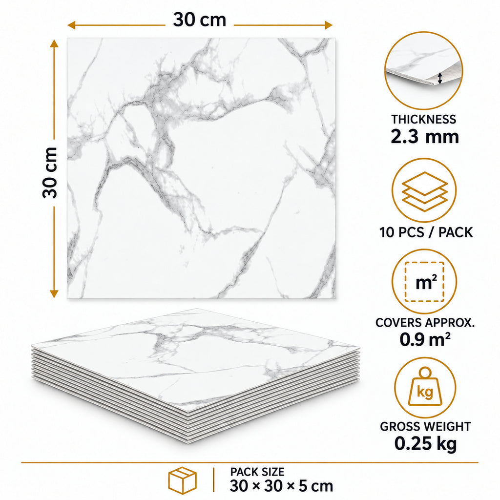 SOGA Peel & Stick Floor and Wall Tiles 30 x 30cm 10 Pack White Grey Faux Marble