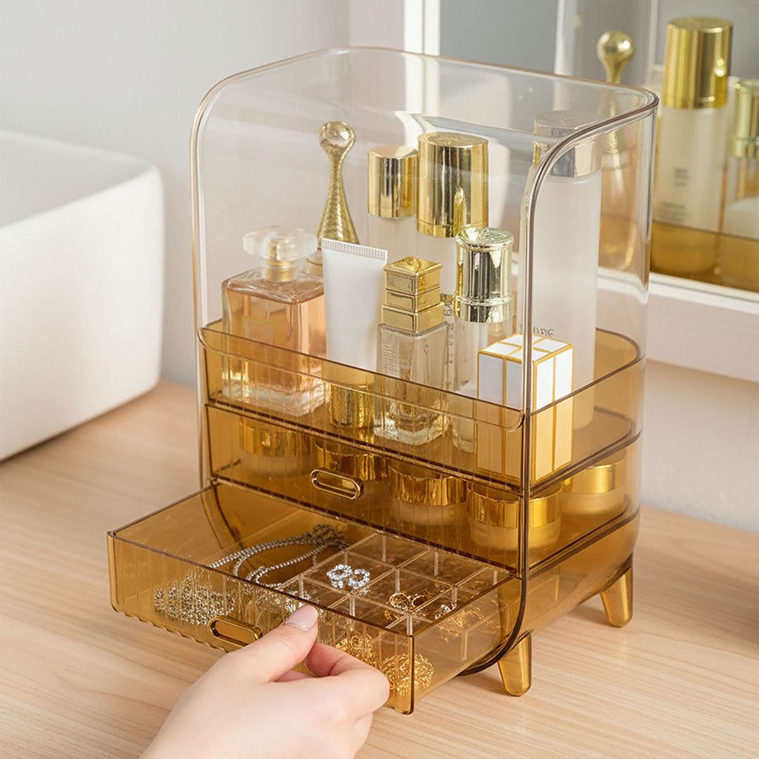 SOGA 2X 3 Tier Golden Yellow Multifunctional Countertop Cosmetic Storage Makeup Perfume Skincare Display Stand Shelf Drawer Type Organiser