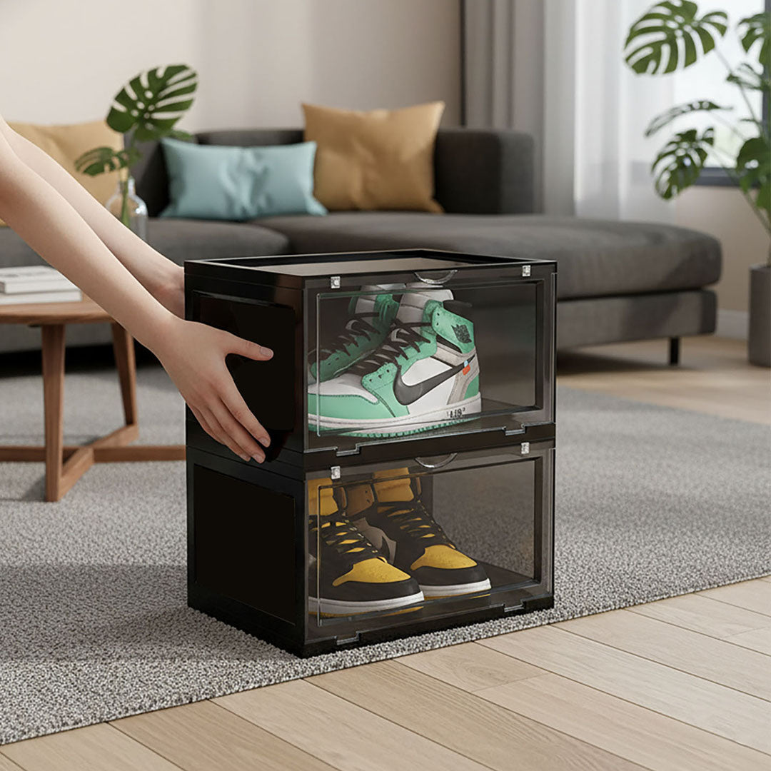 SOGA 2 Tier Black Portable Shoe Organiser Sneaker Footwear Folding Plastic Bin Stackable Storage Box with Magnetic Door