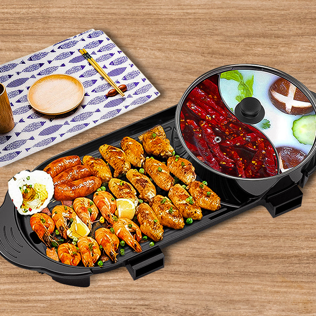 SOGA 2 in 1 Electric Non-Stick BBQ Teppanyaki Grill Plate Steamboat Hotpot 2-8 Person