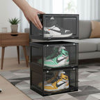 SOGA 3 Tier Black Portable Shoe Organiser Sneaker Footwear Folding Plastic Bin Stackable Storage Box with Magnetic Door