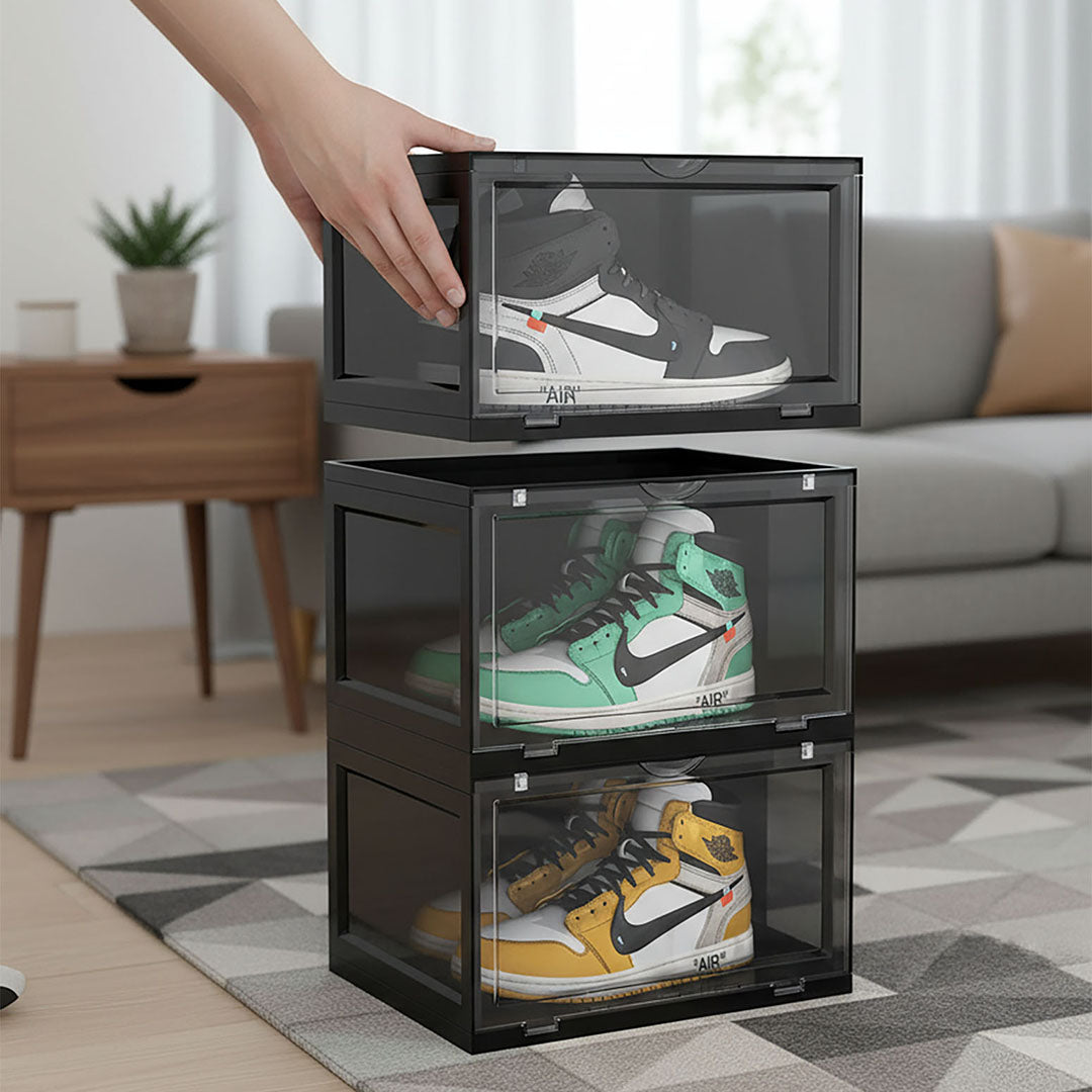 SOGA 3 Tier Black Portable Shoe Organiser Sneaker Footwear Folding Plastic Bin Stackable Storage Box with Magnetic Door