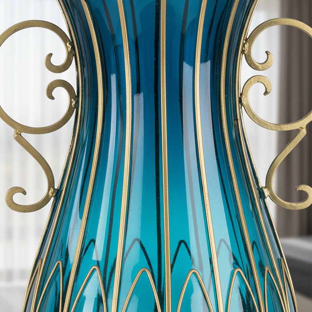SOGA 51cm Blue Glass Oval Floor Vase with Metal Flower Stand
