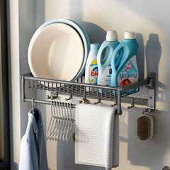 SOGA 61cm Gray Wall-Mounted Double Pole Towel Holder Bathroom Organiser Rail Hanger with Hooks