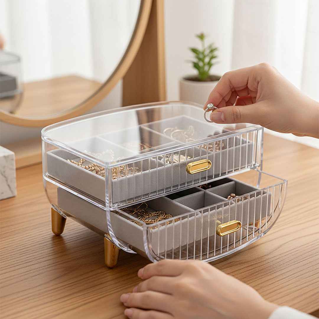 SOGA 2 Tier Transparent Multifunctional Countertop Cosmetic Storage Makeup Skincare Holder Jewelry Cabinet Bathroom Desk Drawer Vanity Organiser