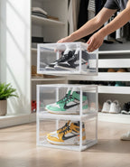 SOGA 3 Tier Transparent Portable Shoe Organiser Sneaker Footwear Folding Plastic Bin Stackable Storage Box with Magnetic Door