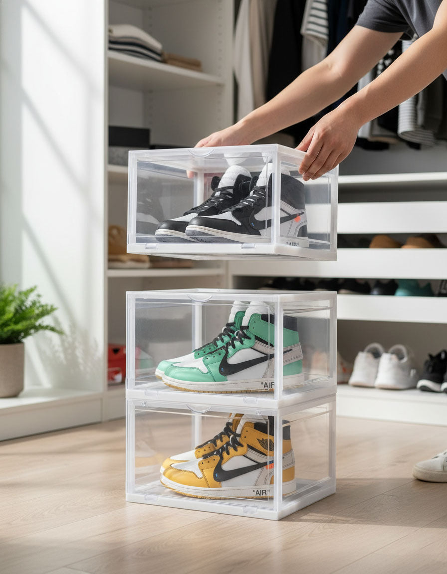 SOGA 3 Tier Transparent Portable Shoe Organiser Sneaker Footwear Folding Plastic Bin Stackable Storage Box with Magnetic Door