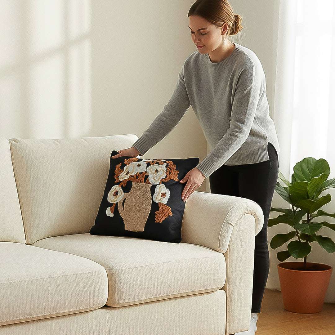 SOGA 2X 45cm Black Brown White Floral Bouquet Embroidered Throw Pillow $ 0