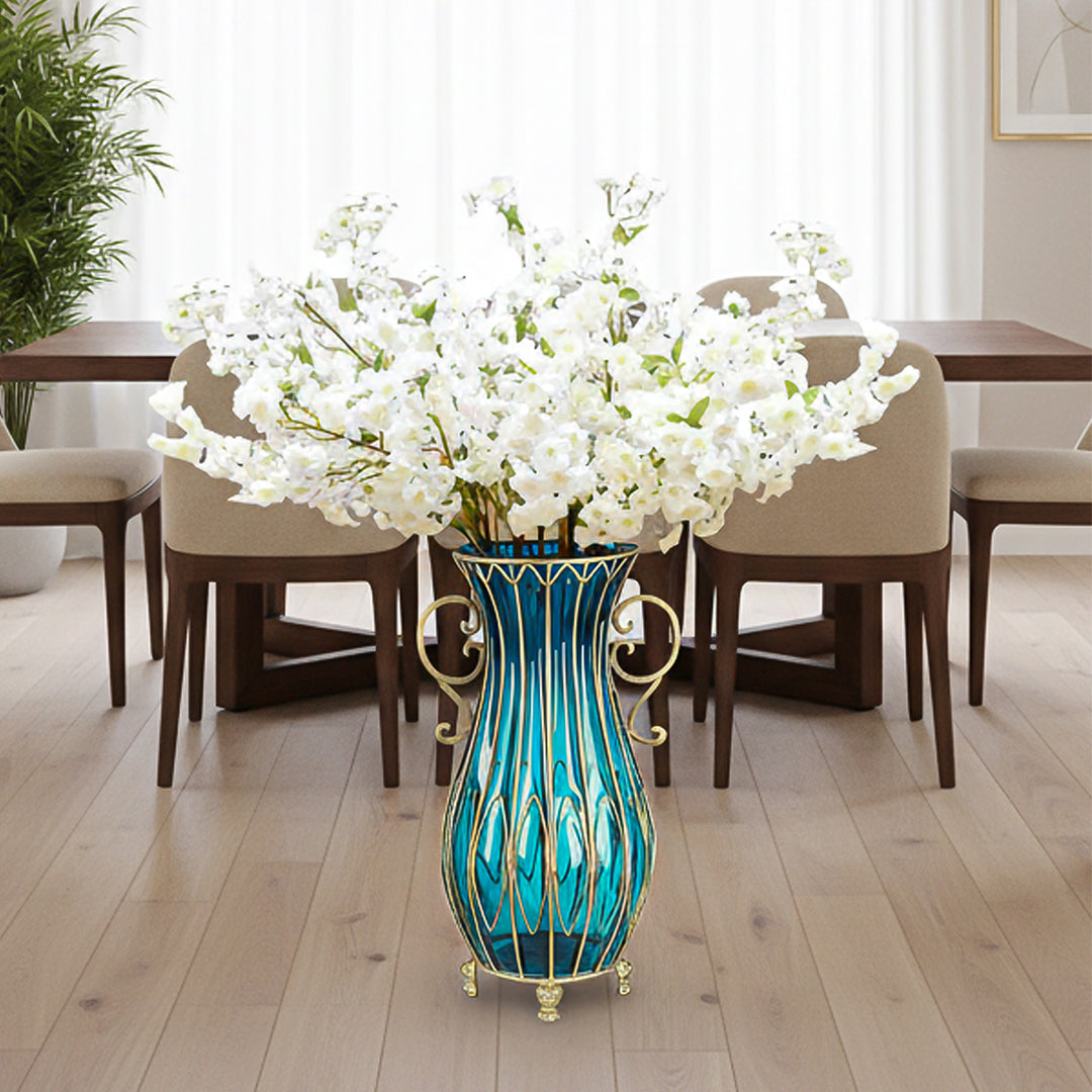 SOGA 51cm Blue Glass Tall Floor Vase and 10pcs White Artificial Fake Flower Set