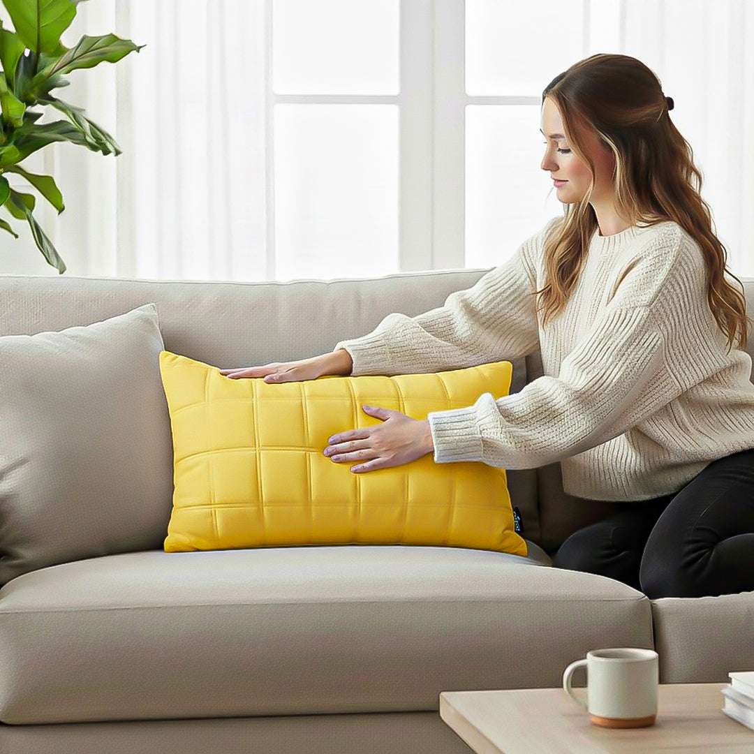 SOGA 2X 30cm Yellow Quilted Grid Pattern Decorative Throw Pillow $ 119