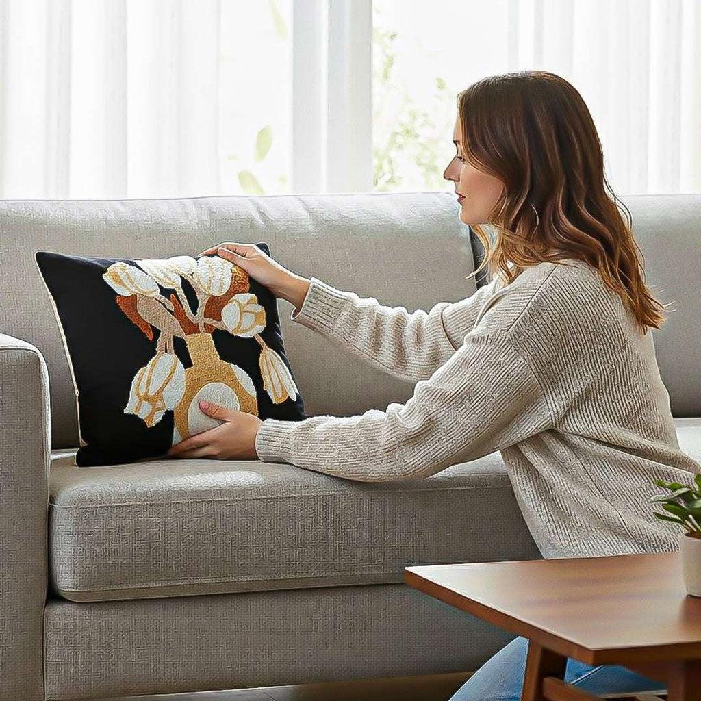 SOGA 2X 45cm Black White Gold Floral Vase Embroidered Throw Pillow $ 118