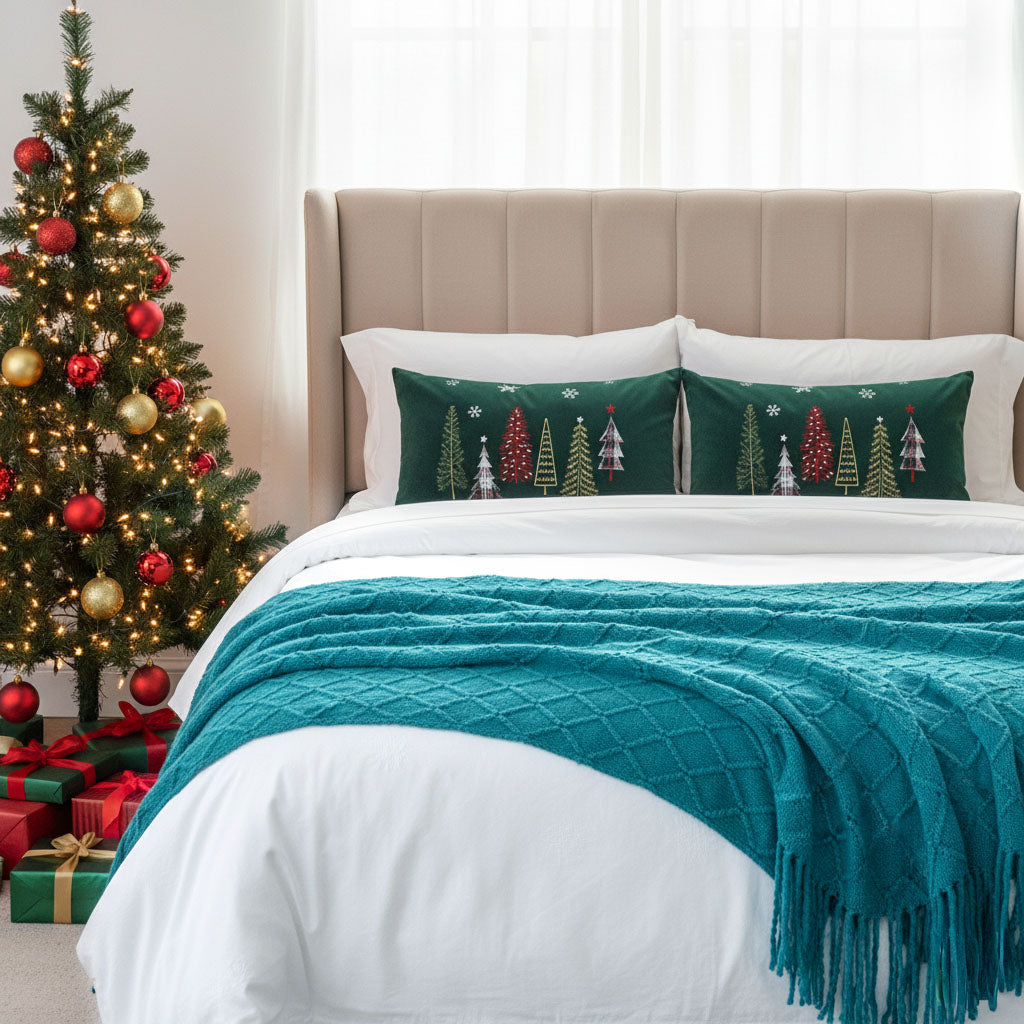 SOGA Christmas Bundle C – 2 Dark Green Christmas Forest Lumbar Pillow & Teal Knitted Throw Blanket