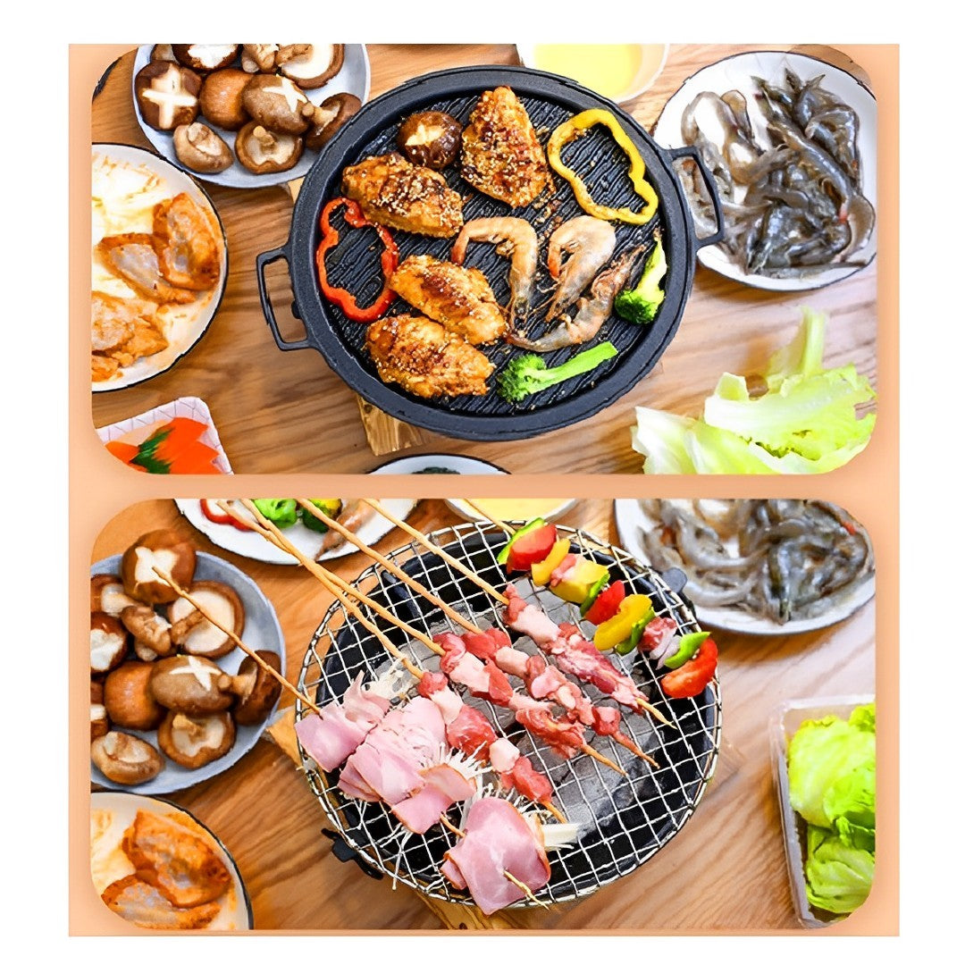 SOGA 2X Cast Iron Round Stove Charcoal Table Net Grill Japanese Style BBQ Picnic Camping with Wooden Board