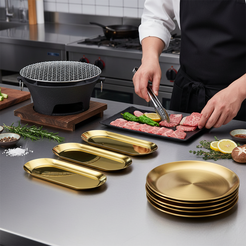 SOGA Kitchenware Bundle – Gold Nordic Plate Set, 23cm Grilling Plate & Cast Iron BBQ Grill $ 187