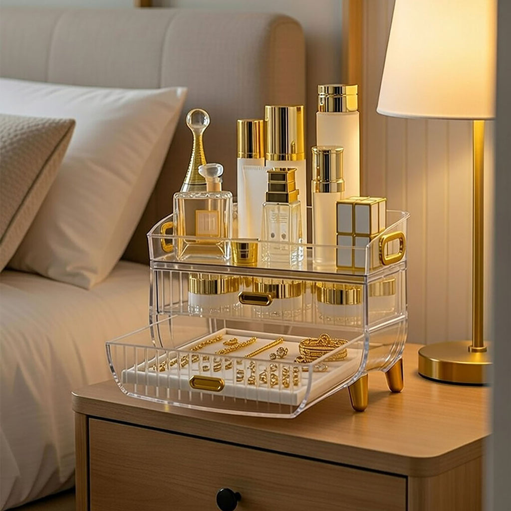 SOGA 3 Tier Transparent Multifunctional Countertop Cosmetic Storage Makeup Skincare Holder Jewelry Cabinet Bathroom Desk Drawer Vanity Organiser