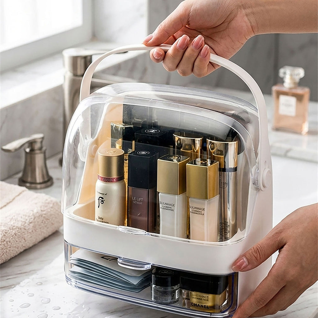 SOGA 2X 2 Tier White Countertop Makeup Cosmetic Storage Organiser Skincare Holder Jewelry Storage Box with Handle