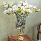 SOGA European Clear Glass Cylinder Flower Vase Solid Base with Gold Metal Pattern